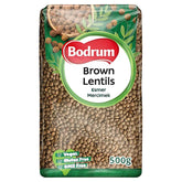 A 500g pack of Bodrum Brown Lentils, vegan, gluten free, and GMO free—rich in plant protein and ideal for everyday cooking.